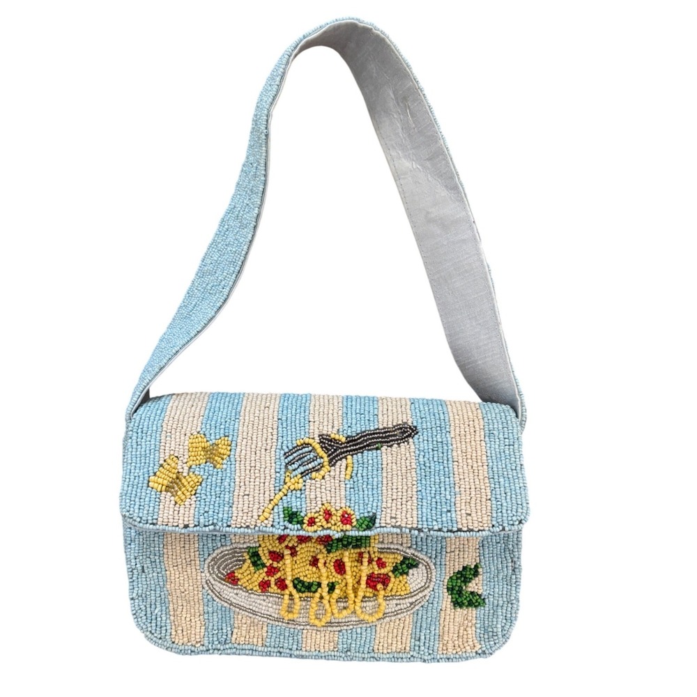 Beaded Pasta Spaghetti Shoulder Bag Blue White Striped Novelty Kitsch Purse